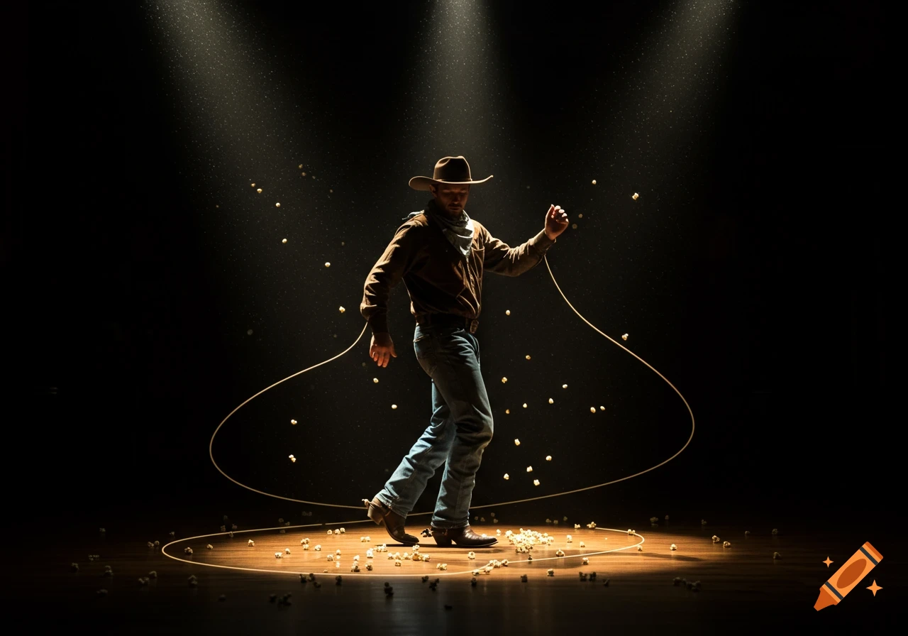 A cowboy in a hat and boots dances under a spotlight, surrounded by popcorn on a dark stage.