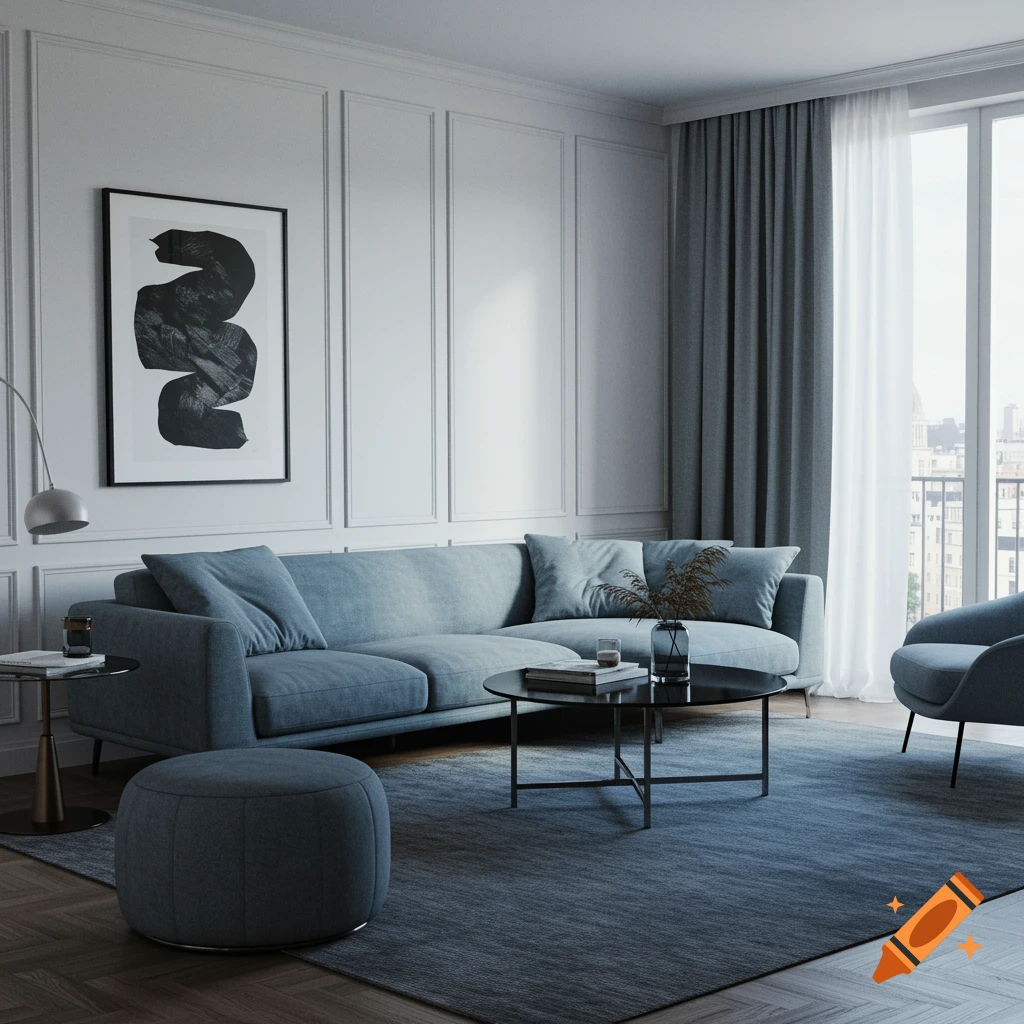 A photorealistic image of a modern living room with a blue sofa, coffee table, rug, abstract art, and large window.