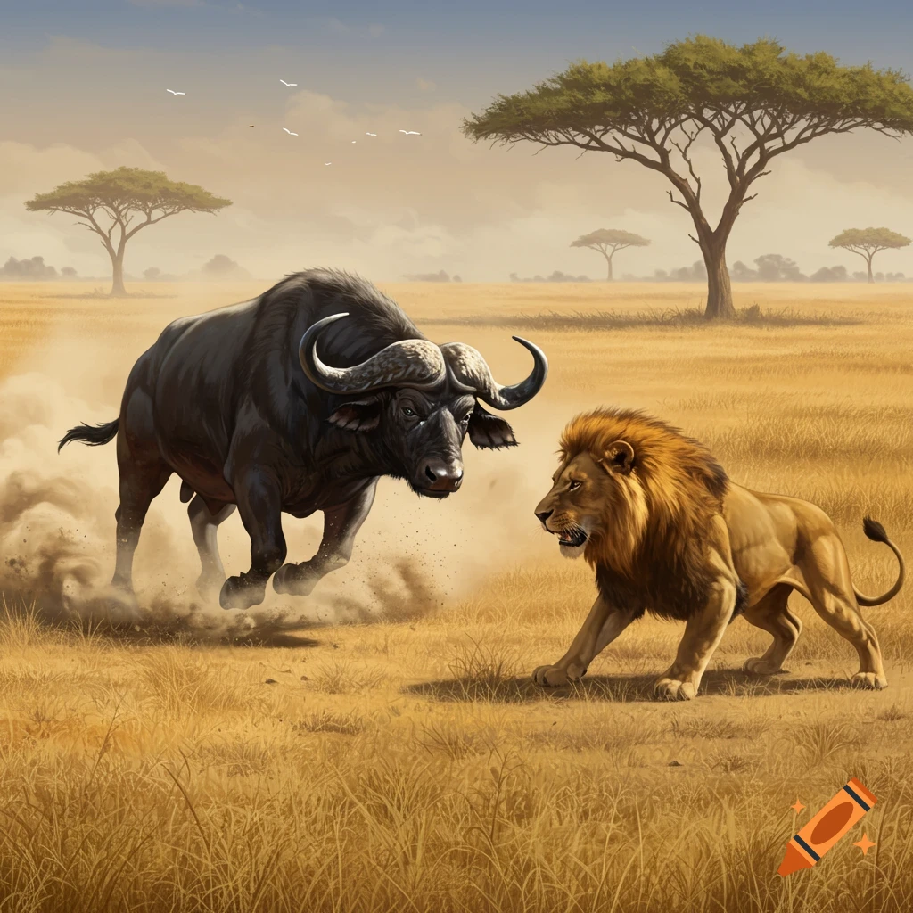 A powerful buffalo charges a lion in a dry savanna landscape with acacia trees.