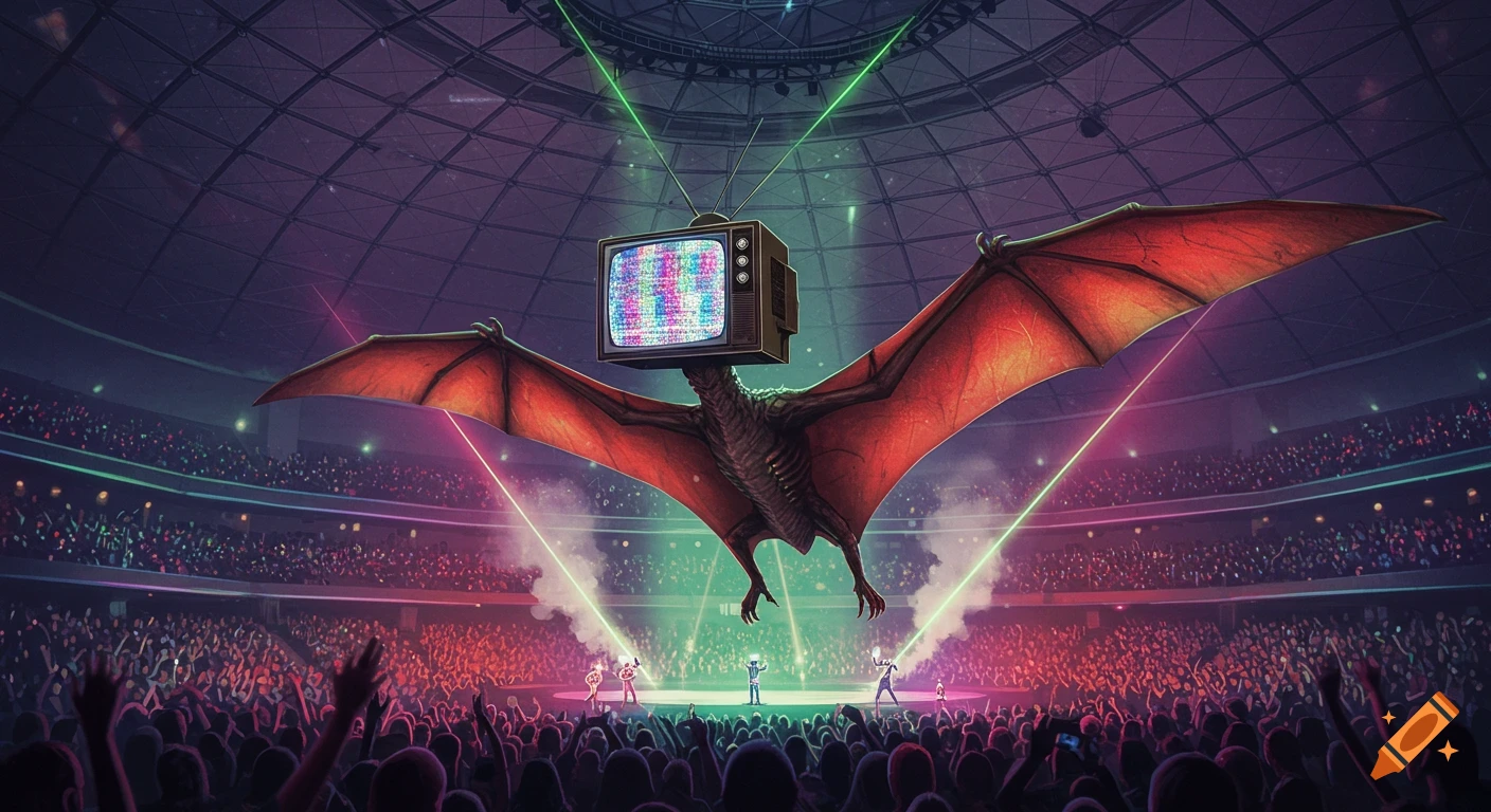 A large pterodactyl with a static-filled TV for a head flies above a cheering crowd in a dimly lit, futuristic arena.