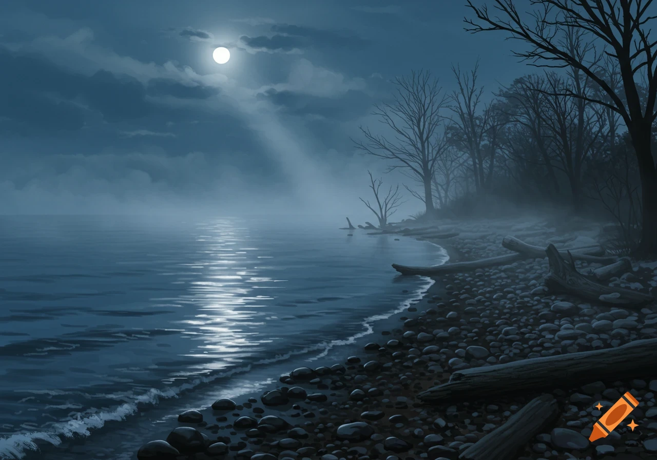 A digital painting of a moonlit, misty shoreline with bare trees, a rocky beach, and the moon's reflection on the water.