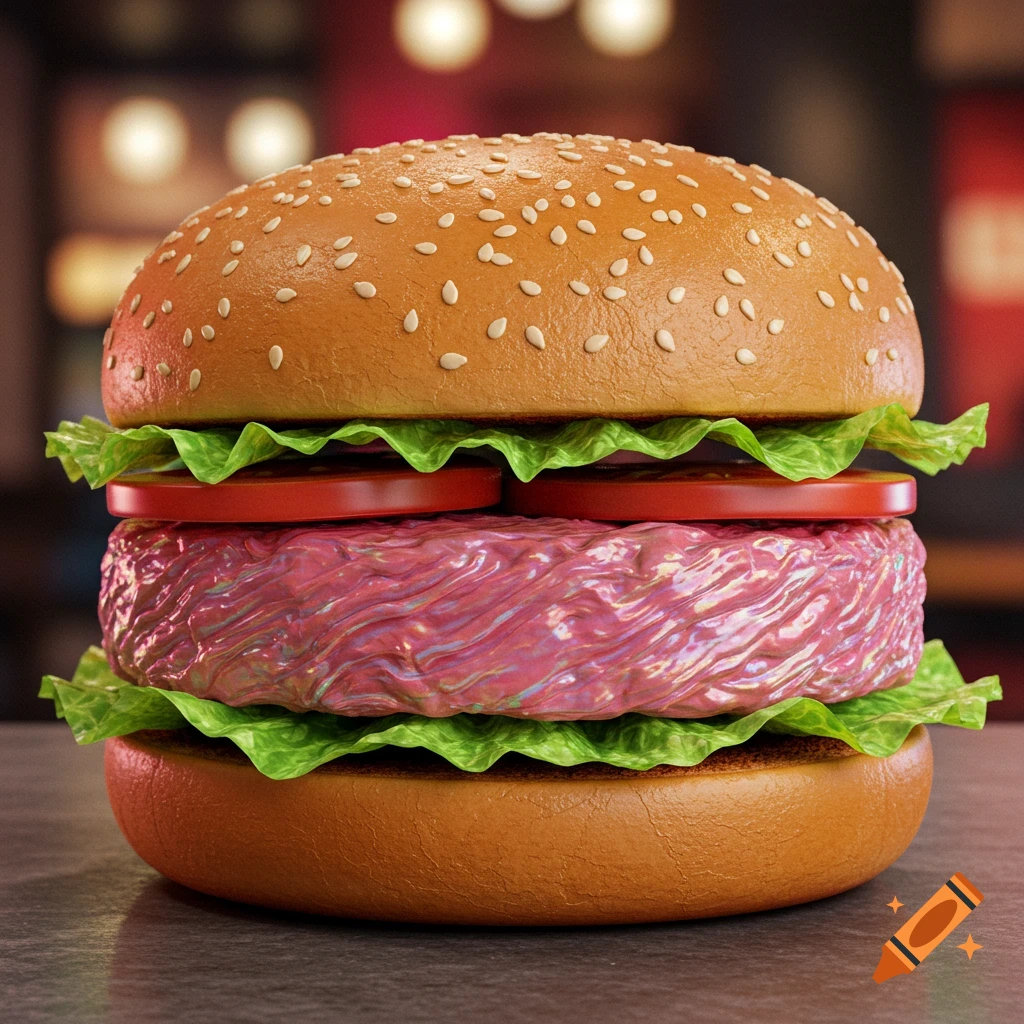 A photorealistic close-up of a burger with a pink fiberglass patty, lettuce, tomatoes, and sesame seed bun.