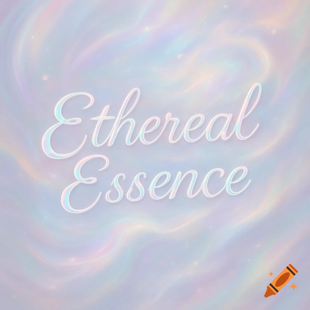 The words 'Ethereal Essence' in shimmering iridescent text on a pastel, swirling background with subtle sparkles.