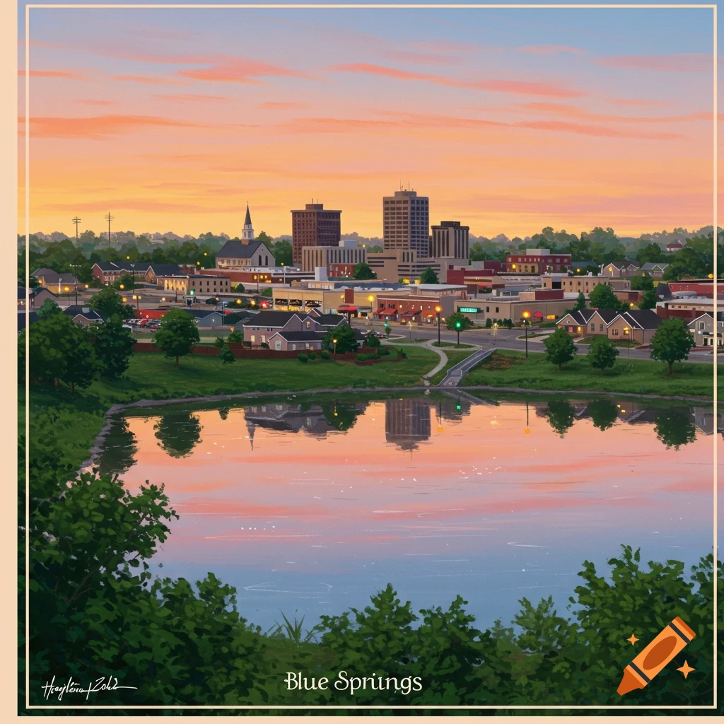An illustrative cityscape of Blue Springs at sunset, with buildings reflected in a calm lake.