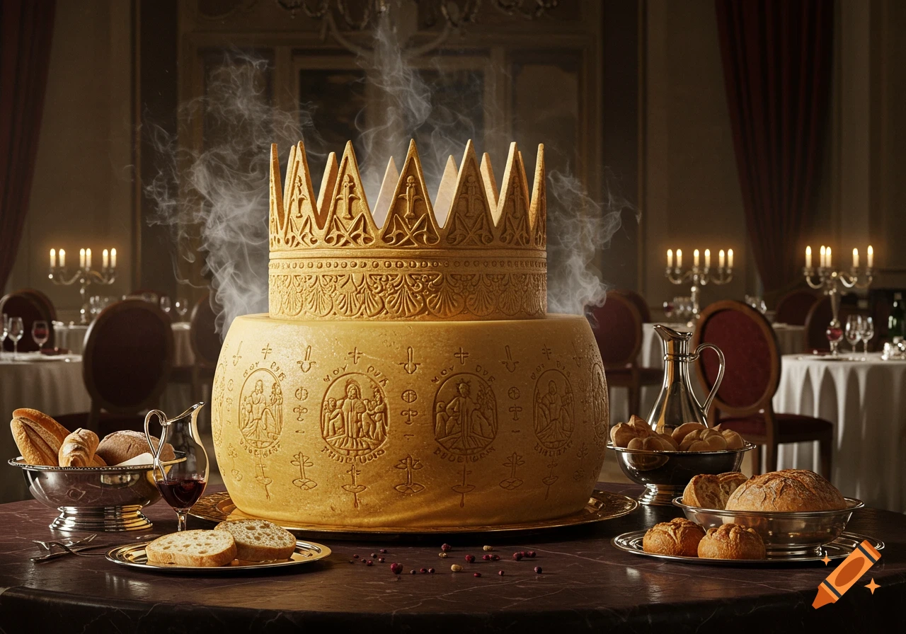 A large cheese wheel shaped and decorated like a steaming royal crown, displayed on a grand dining table with bread and wine.