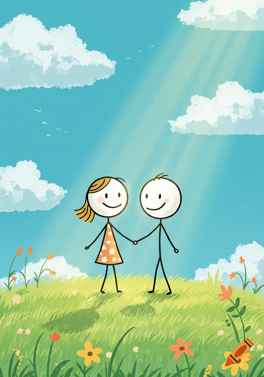 Cartoon illustration of two stick figures, a couple, holding hands in a sunny green field with flowers under a blue sky.