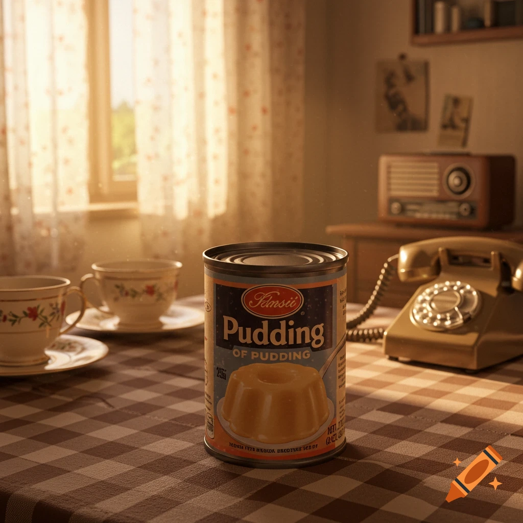 A can of pudding on a checkered tablecloth with teacups, a vintage radio, and a rotary phone in a sunlit room.
