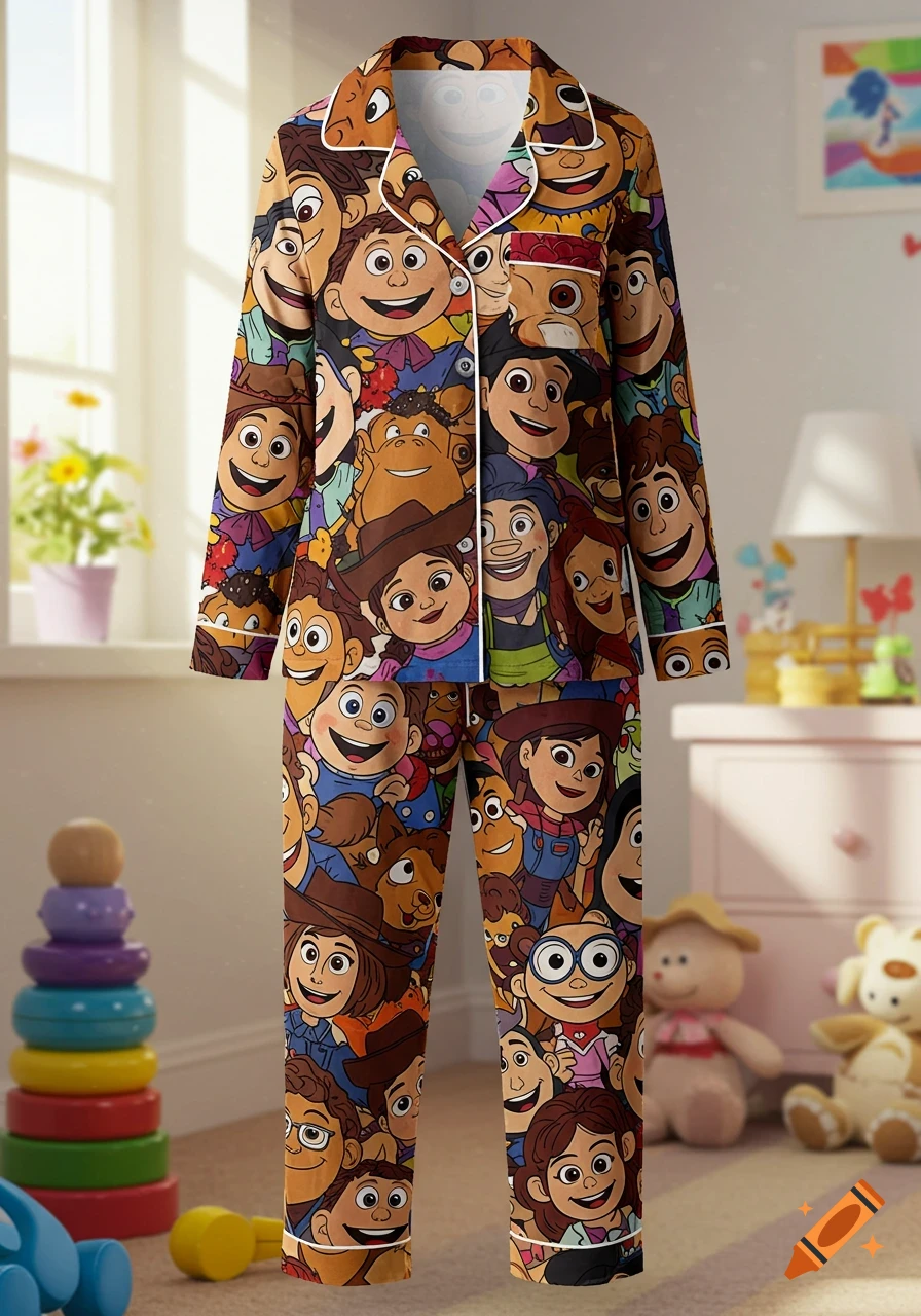 A pair of pajamas covered in an all-over print of various cartoon character faces, displayed in a child's bedroom.