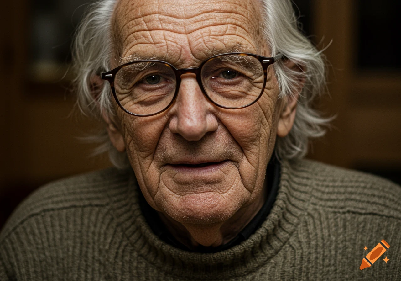 A close-up photorealistic portrait of an elderly man with white hair, wrinkles, and glasses, wearing a brown sweater.