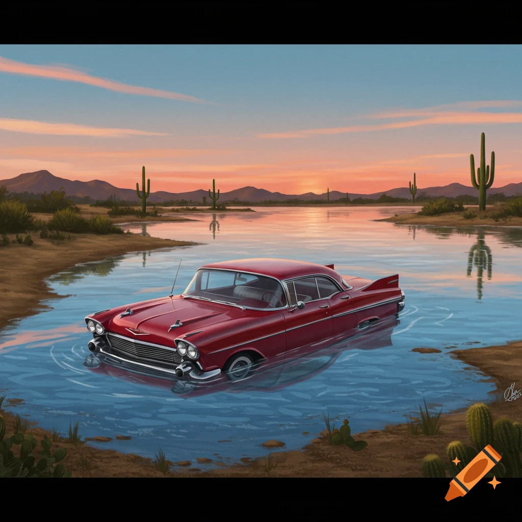 A red vintage car partially submerged in a calm desert lake under a pastel sunset sky with saguaro cacti.