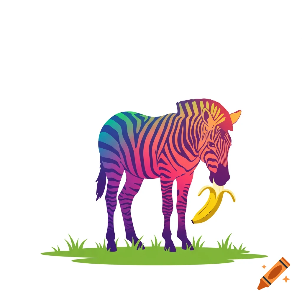 A rainbow-colored zebra stands on green grass, looking down to eat a yellow banana, in an illustrative style.