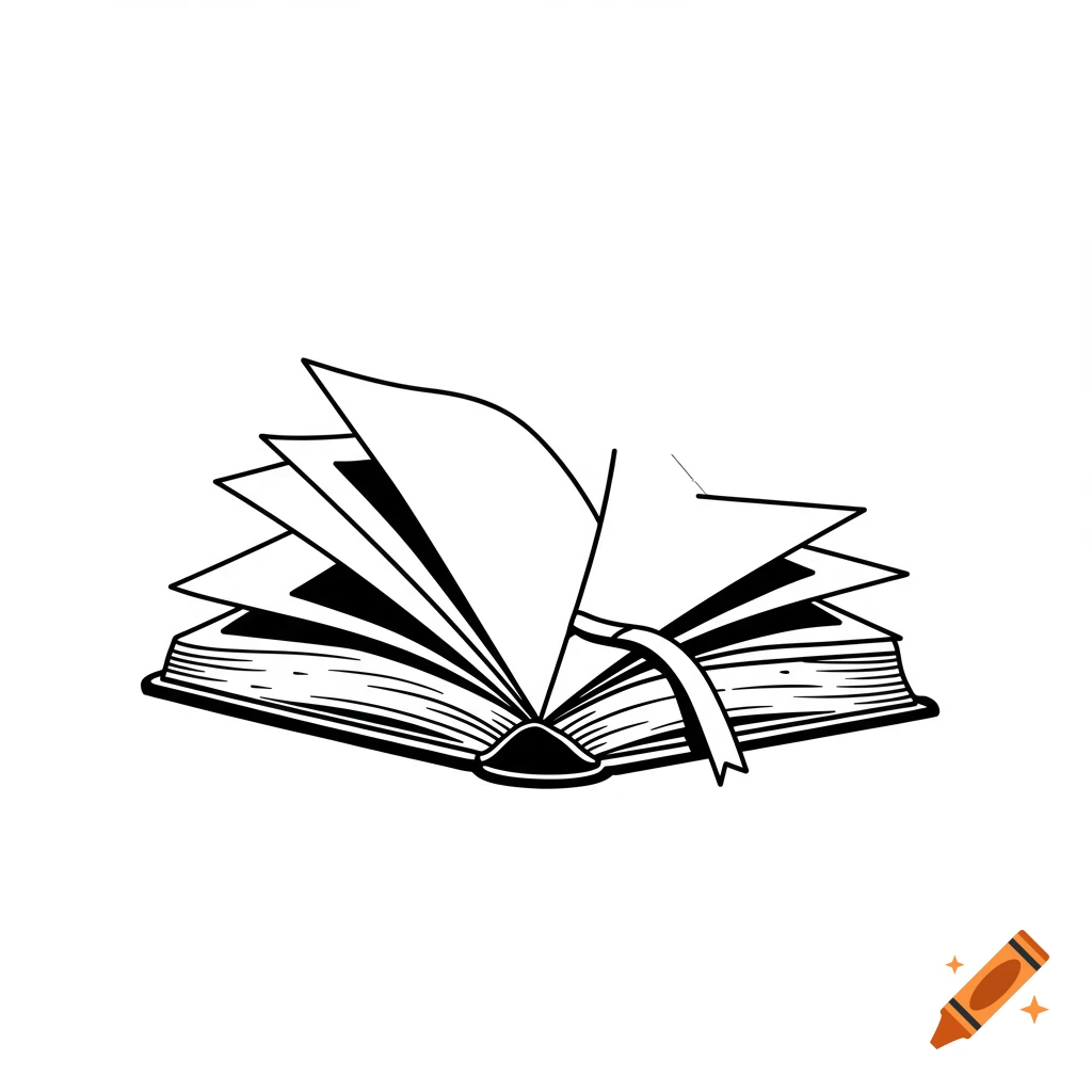Black and white line art of an open book with a bookmark.