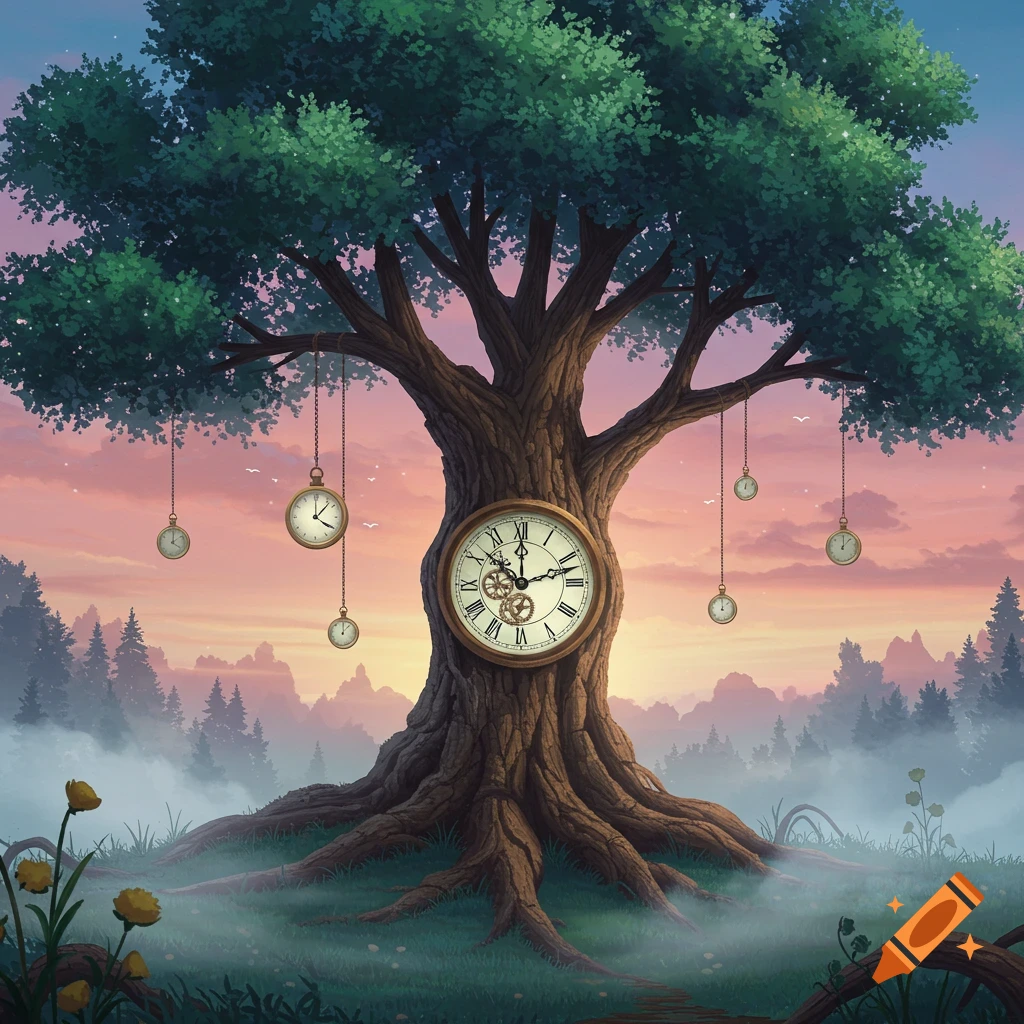 A large, ancient tree with clocks embedded in its trunk and hanging from its branches, set in a misty, surreal forest at sunset.