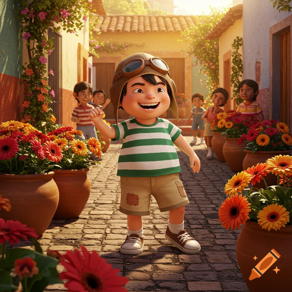 A smiling cartoon boy in a pilot's helmet and striped shirt stands in a sunny, flower-lined cobblestone street with other children.