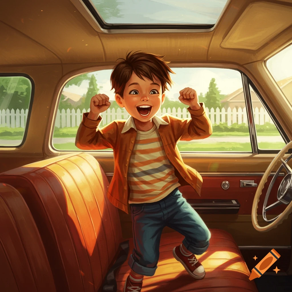 A happy cartoon boy with brown hair jumps on the seat inside a vintage car.