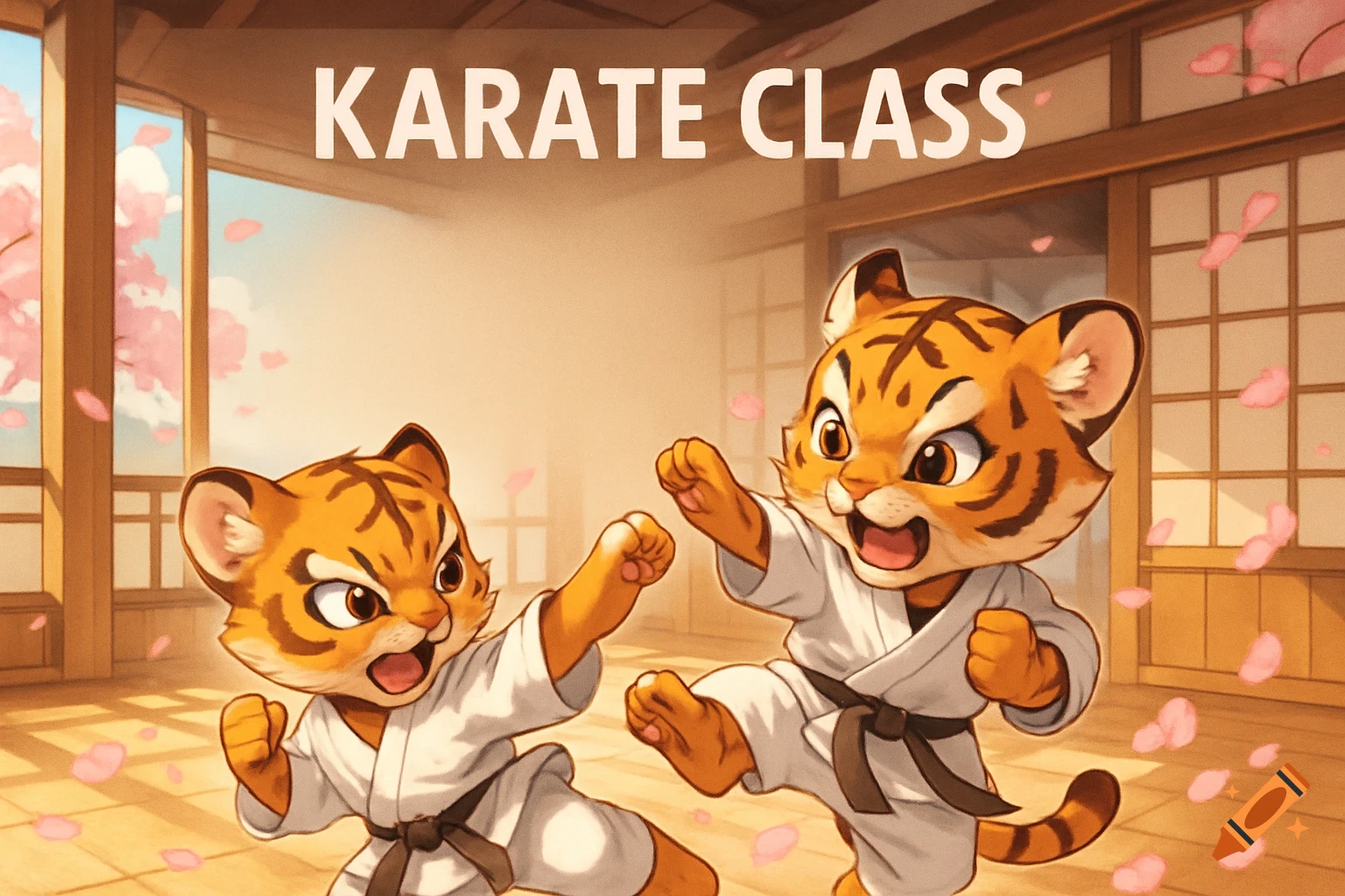Two anime-style tiger cubs in white karate kimonos practice in a dojo with falling cherry blossoms under the text 'KARATE CLASS'.