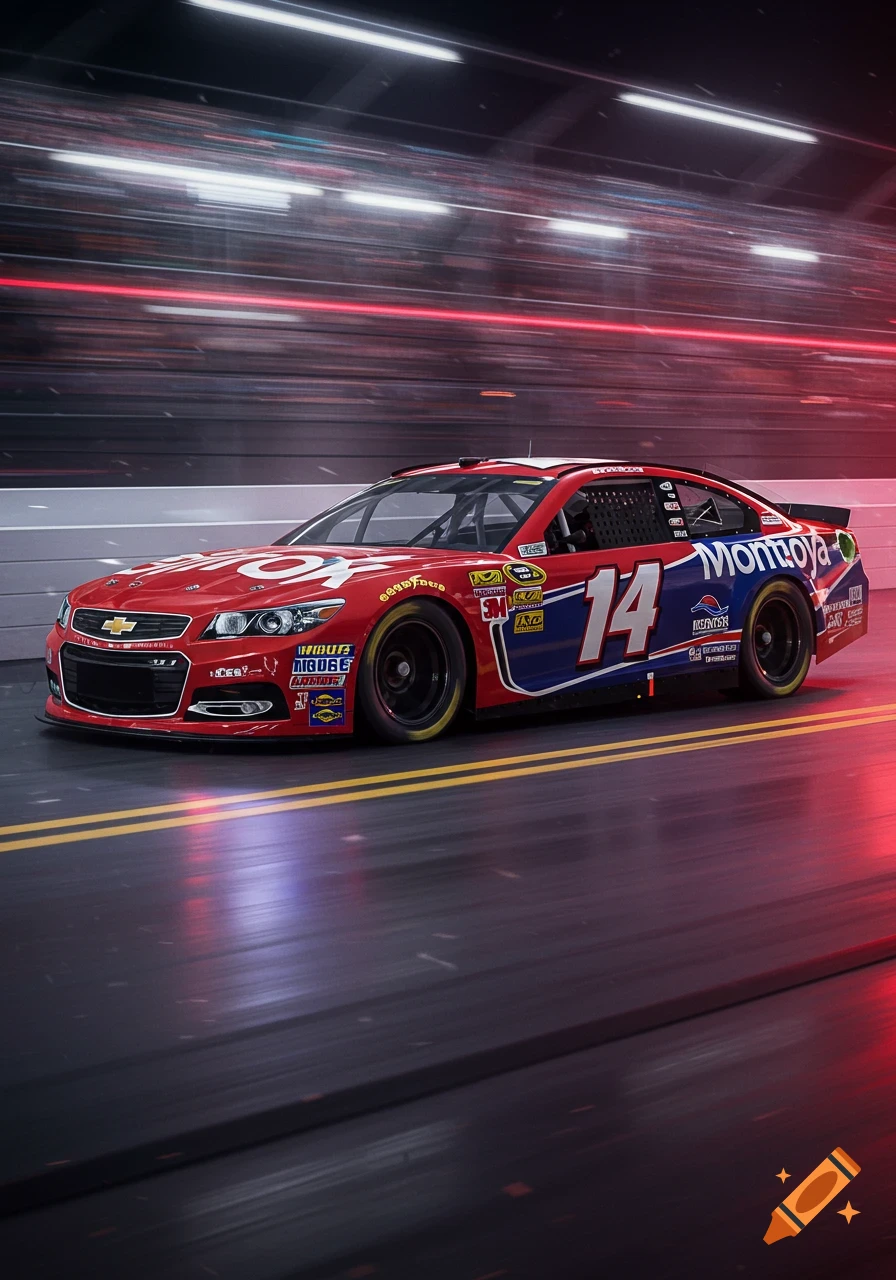 A red and blue NASCAR race car, number 14, with 'Montoya' on its side, speeding on a wet track at night with motion blur.