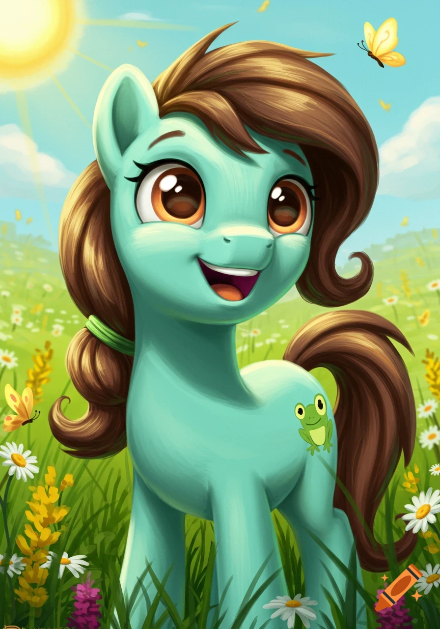 A cheerful teal My Little Pony with a brown mane and a frog cutie mark stands in a sunny field of flowers and butterflies.
