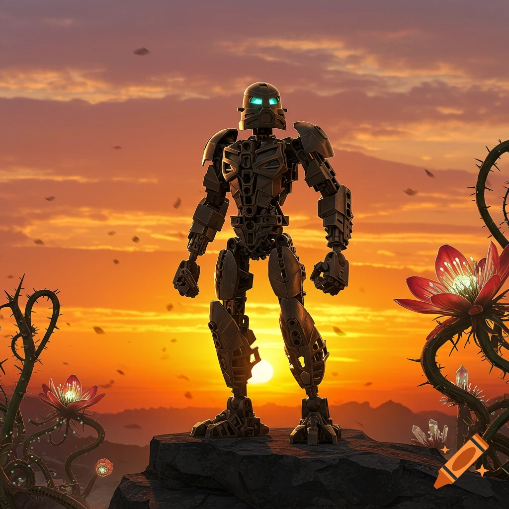 A dark, detailed robotic figure stands on a rock, silhouetted against a vibrant orange and yellow sunset. Thorny plants with glowing red flowers frame the scene.