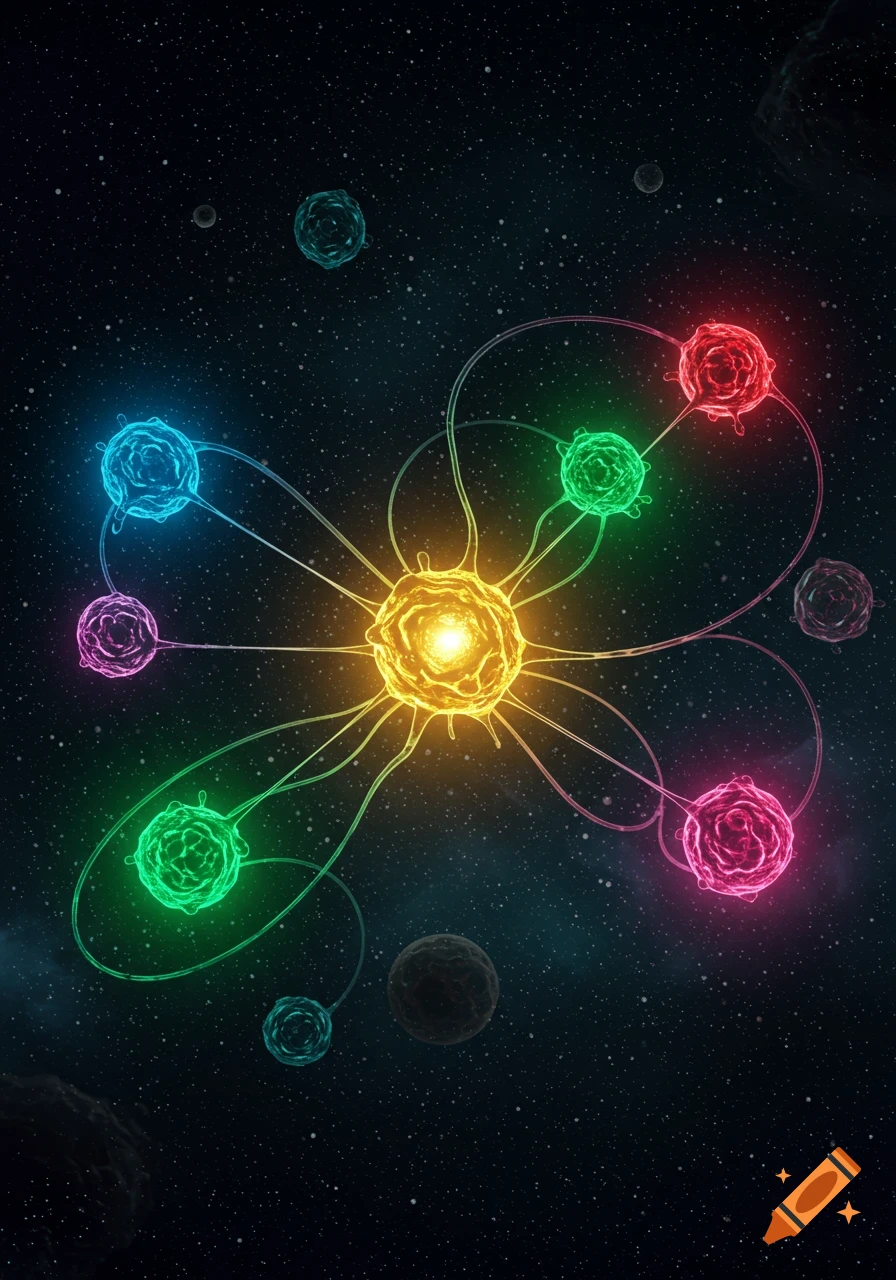 A vibrant abstract depiction of interconnected glowing neuron-like cells in outer space with stars and planets.