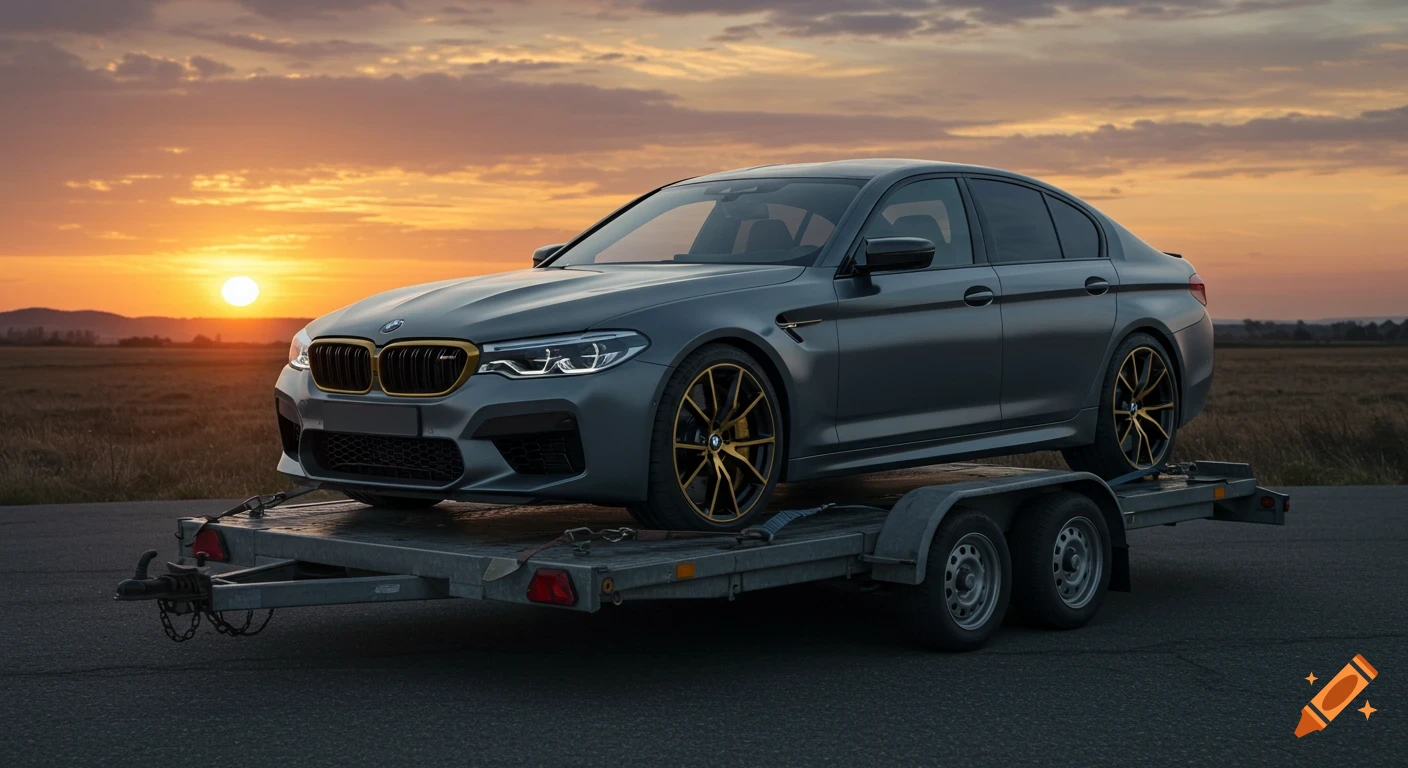 A gray BMW M5CS car loaded on a trailer, parked on asphalt with a golden sunset over fields in the background.