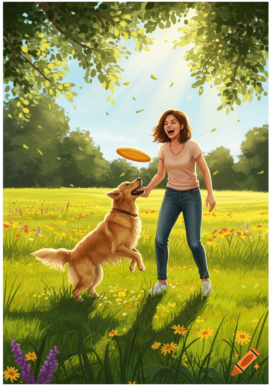 A woman and a golden retriever playing frisbee in a sunny meadow with trees in a vibrant illustrative style.