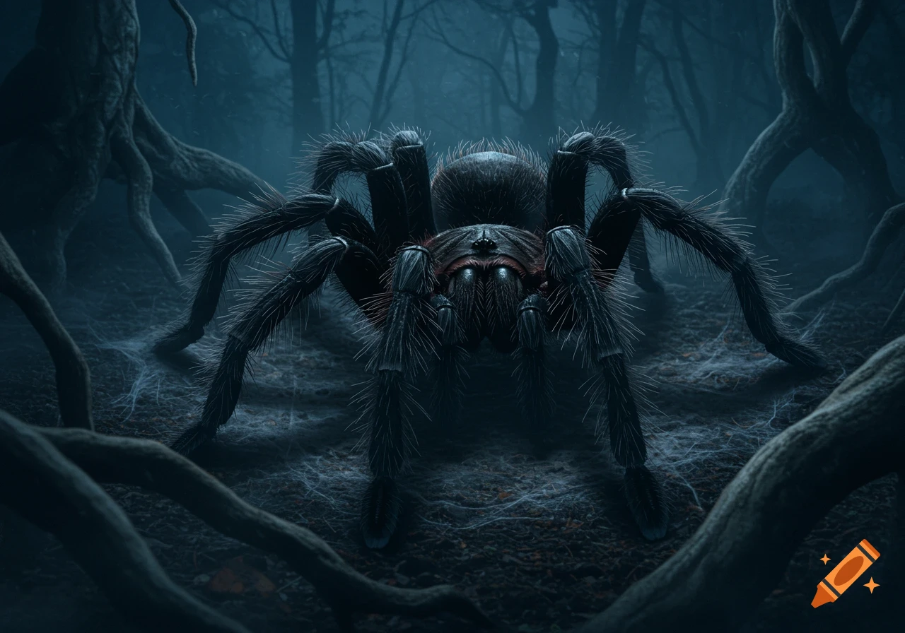 A large, hairy tarantula with glowing blue eyes in a dark, misty forest with creepy tree roots and cobwebs, photorealistic style.