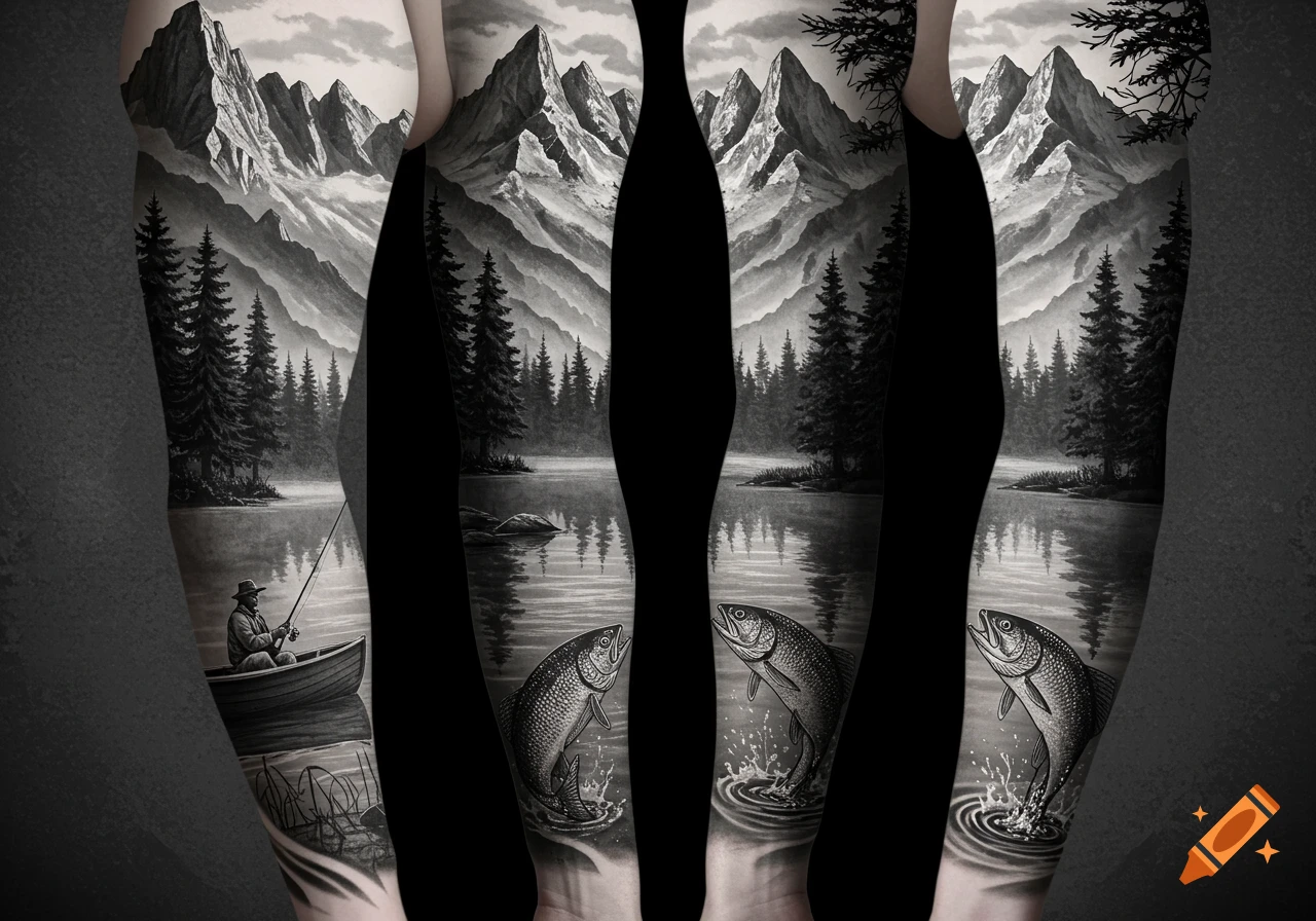 Black and white tattoo sleeve featuring a mountain and lake landscape with a fisherman in a boat and jumping fish.