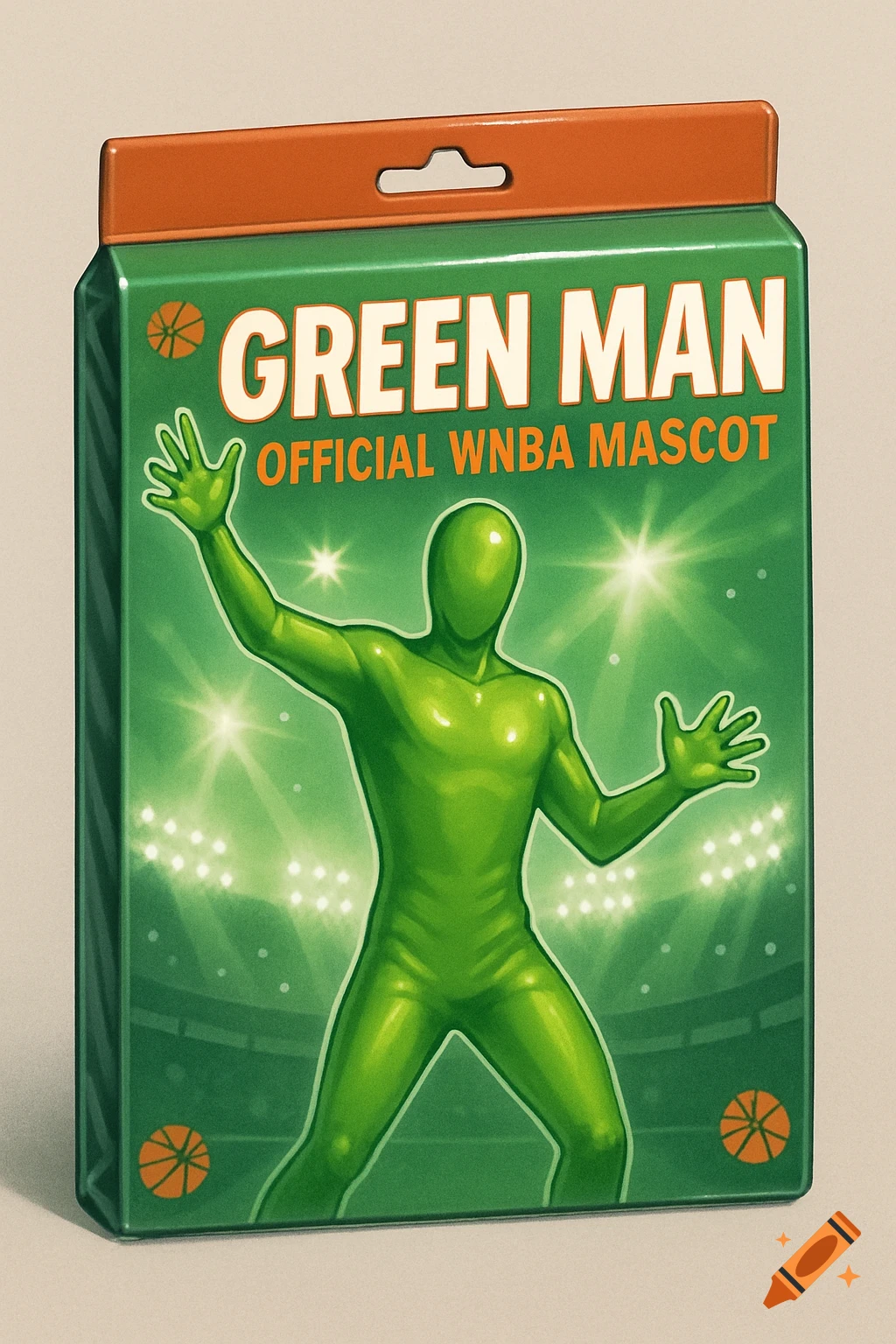A 'Green Man' costume in retail packaging labeled 'Official WNBA Mascot' against a brightly lit stadium background.