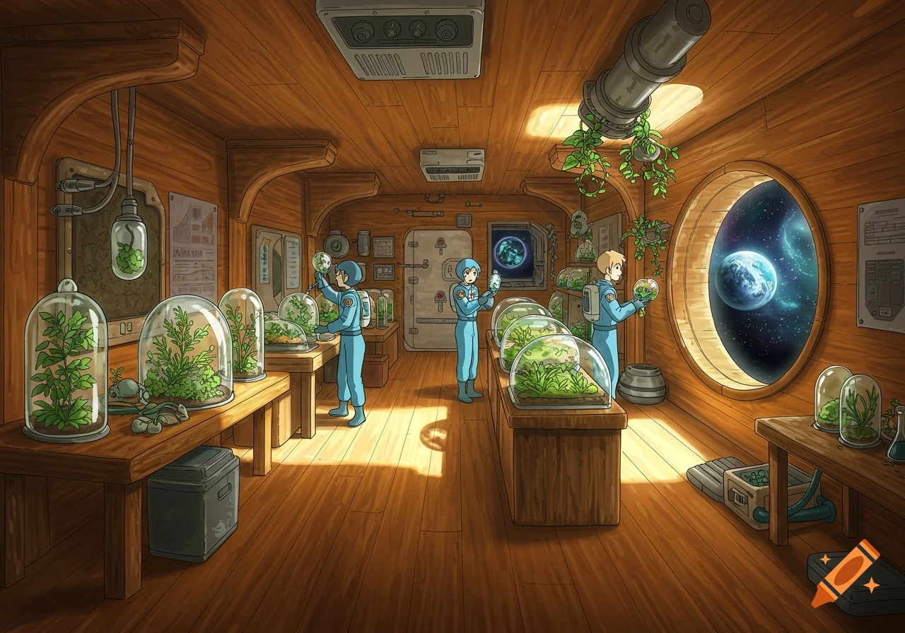 Anime-style illustration of crew members tending plants in a wooden space station, with a planet visible through a porthole.