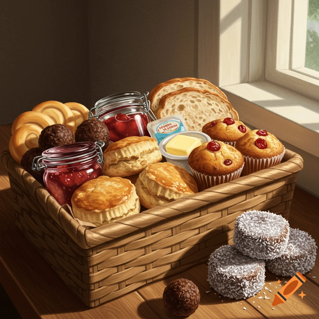 A woven basket hamper filled with bread slices, scones, muffins, chocolate balls, and jars of jam, next to lamingtons.