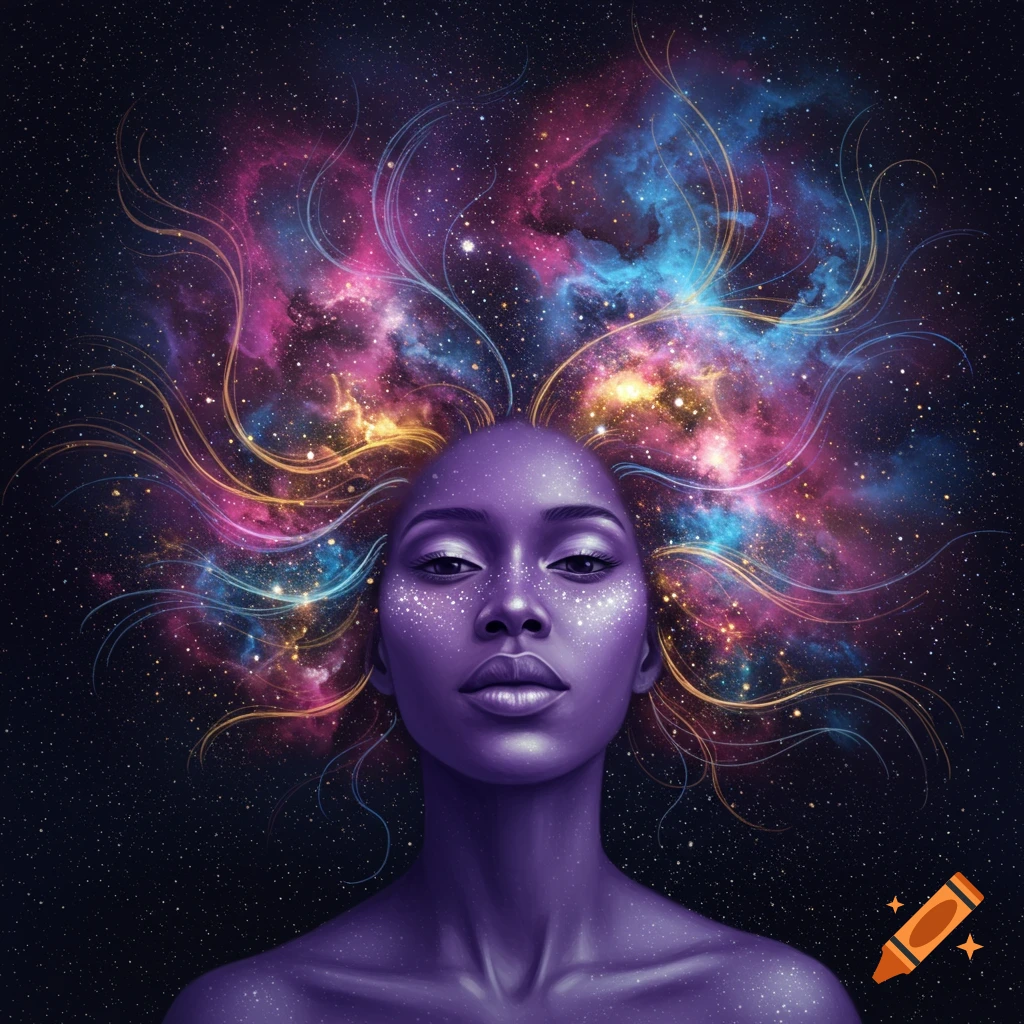 A cosmic portrait of a person with purple skin, their head surrounded by vibrant swirling nebulae and stars, set against a dark starry sky.