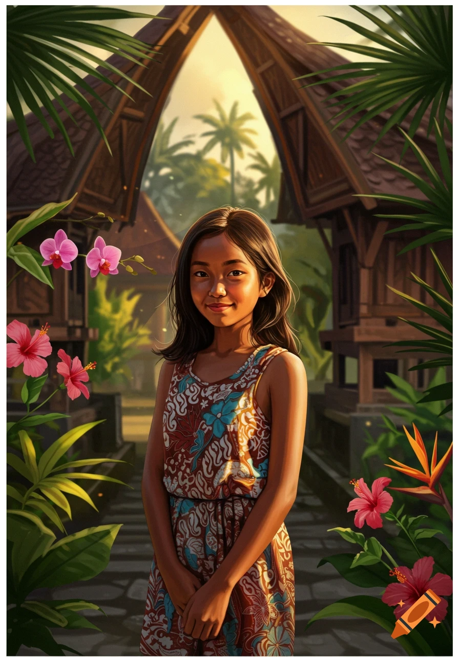 Digital painting of a smiling young girl in a patterned dress standing in a tropical setting with traditional wooden buildings and lush flowers.