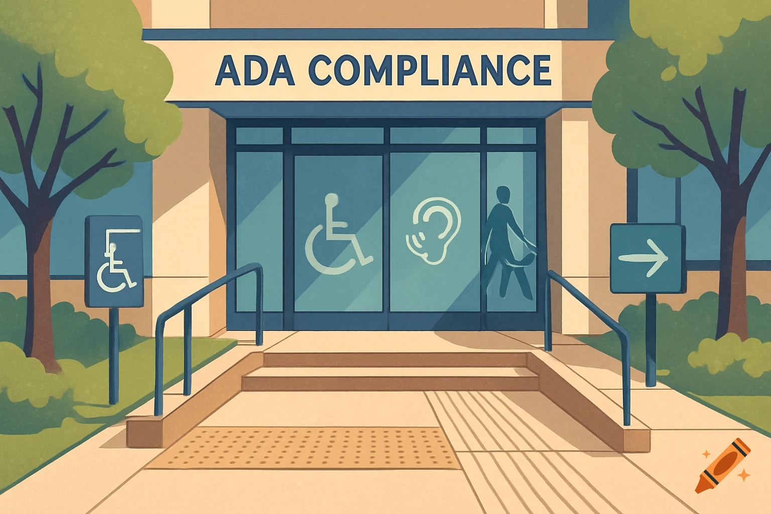 A stylized illustration of a building entrance with 'ADA COMPLIANCE' sign and accessibility symbols for wheelchair, hearing, and service animal on the doors.