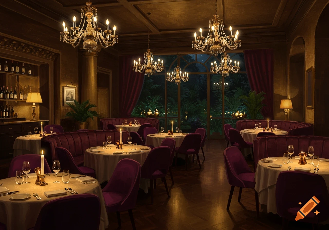 A dimly lit, luxurious restaurant interior with elegantly set round tables and plush purple seating under ornate chandeliers.
