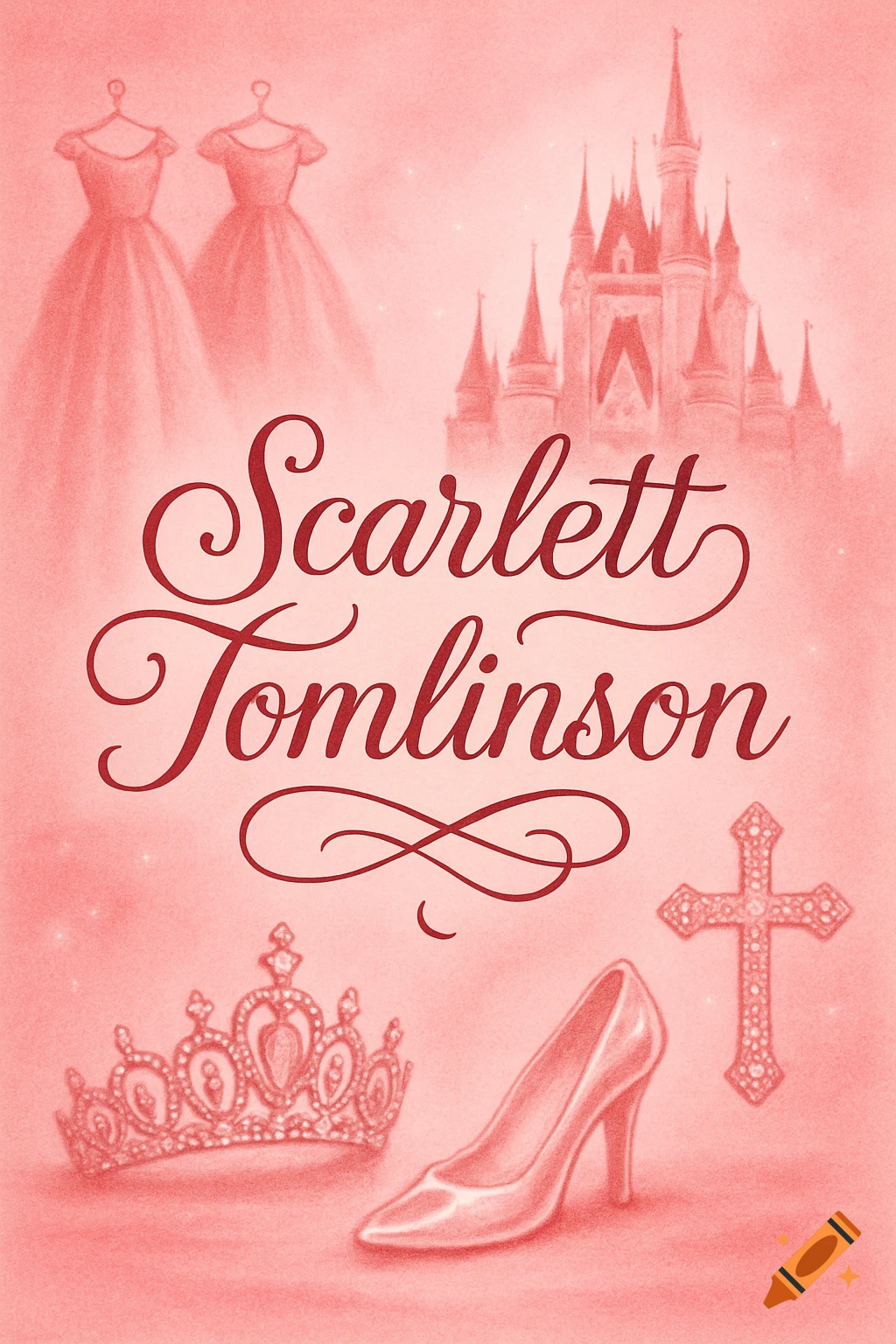 A pink illustration with the name Scarlett Tomlinson in script, featuring a castle, two gowns, a tiara, a glass slipper, and a sparkly cross.
