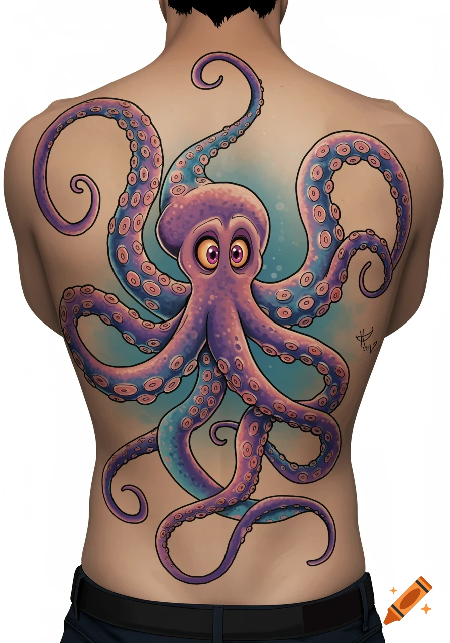 A colorful cartoon octopus tattoo covers a person's back, featuring a  purple octopus with large eyes and blue tentacles. on Craiyon, image size:896x1280