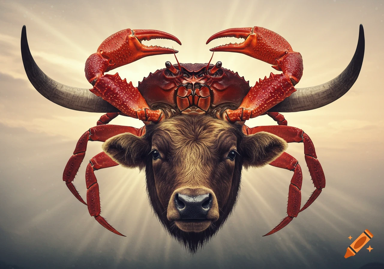 Close-up of an ox head with a red crab on top, its claws forming the ox's horns, set against a radiant sky.