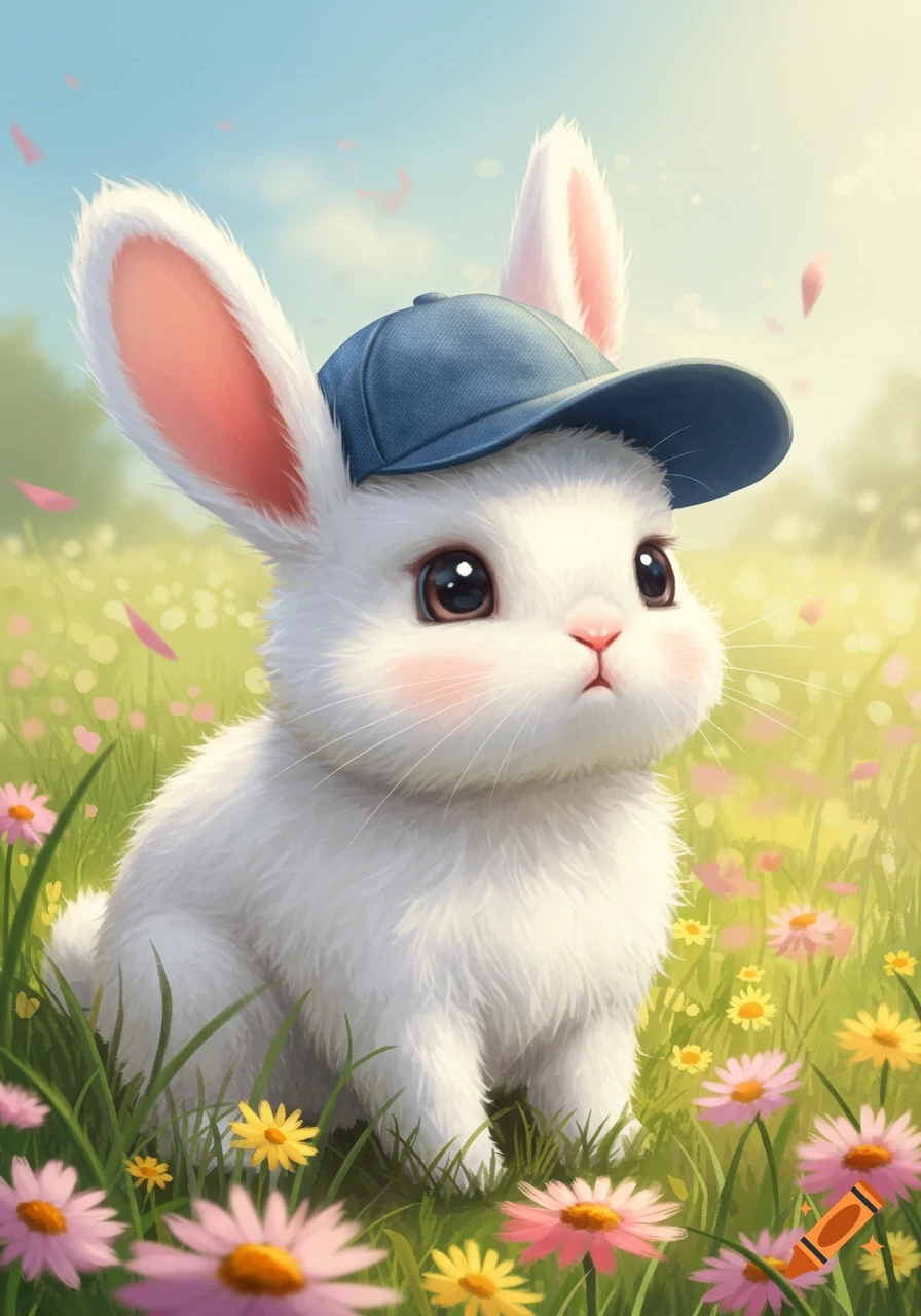 A cute white bunny wearing a blue baseball cap sits in a lush green field filled with pink and yellow flowers.