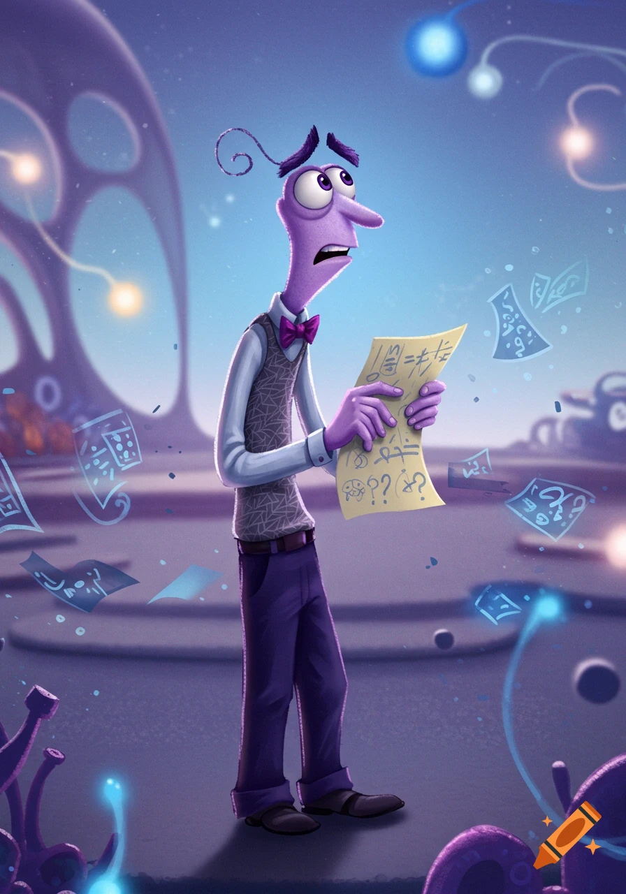 Purple cartoon character Fear from Inside Out looking confused at a paper with scribbled symbols and question marks, in a stylized, dreamlike environment.