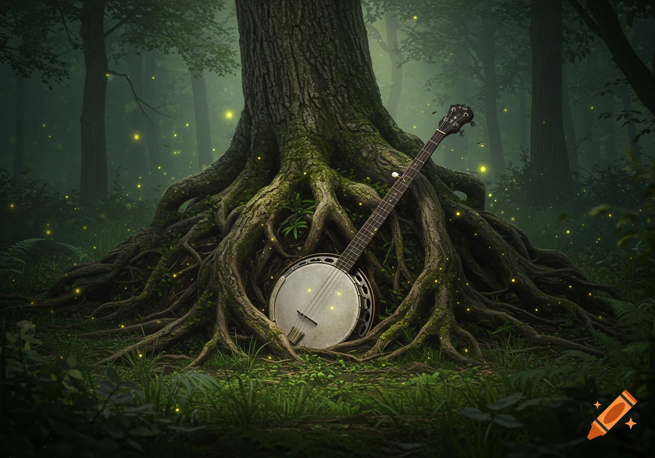 A banjo leans against the large, moss-covered roots of an ancient tree in a magical forest filled with glowing fireflies.
