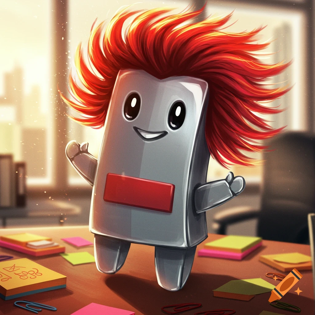 A cute, cartoonish gray character with big eyes, a smile, and bright red spiky hair stands on an office desk with sticky notes and paper clips.