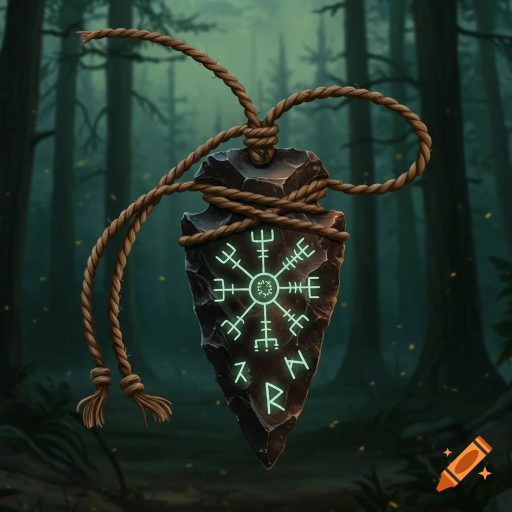 A dark stone arrowhead pendant with glowing Norse runes wrapped in rope, set against a mystical forest background.