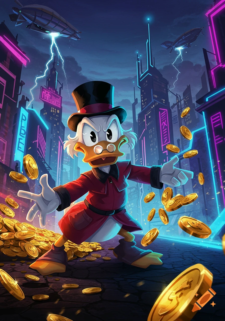Scrooge McDuck, looking fierce, stands amidst a pile of gold coins in a neon-lit cyberpunk city with airships and lightning, in a vibrant cartoon style.