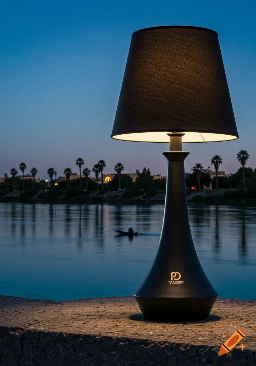 A black table lamp with a glowing shade sits on a stone wall overlooking a river at twilight, with palm trees and a distant cityscape.