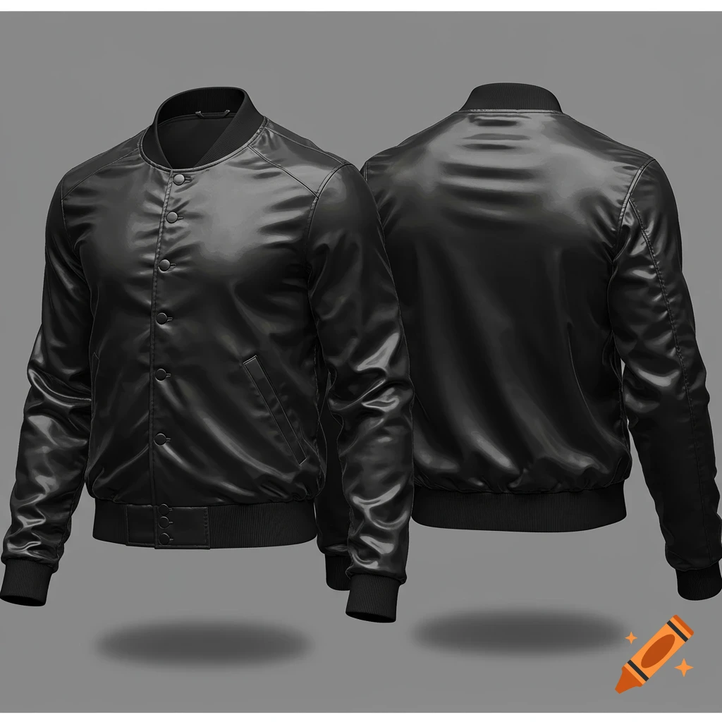 A black satin bomber jacket shown from the front and back view, displayed against a gray background.