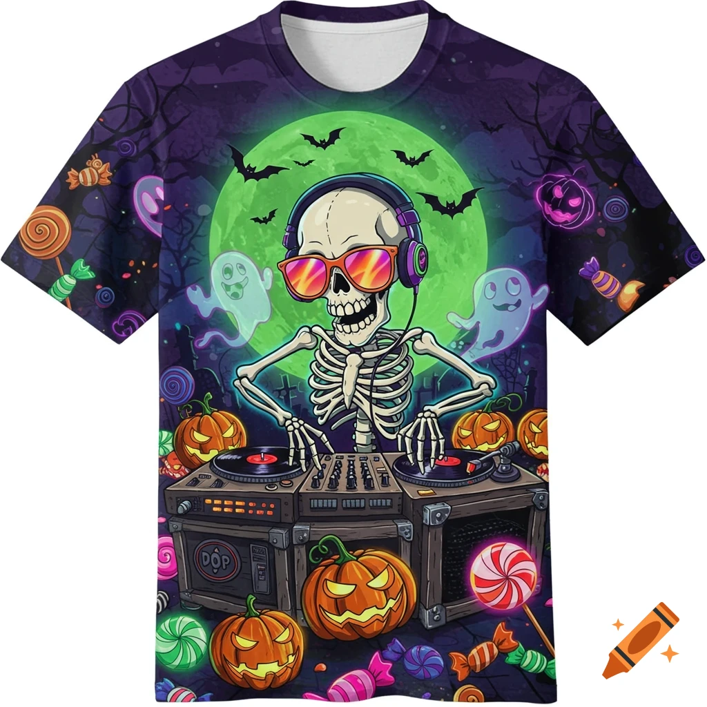 Cartoon skeleton DJ in sunglasses and headphones on turntables, surrounded by Halloween pumpkins, ghosts, bats, and candy under a green moon.