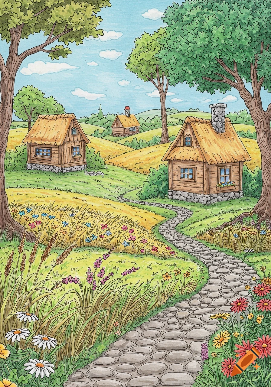 A whimsical, detailed illustration of a serene village scene with thatched-roof cottages nestled in rolling green and yellow hills, a winding stone path, and fields of colorful wildflowers and tall grasses under a blue sky.