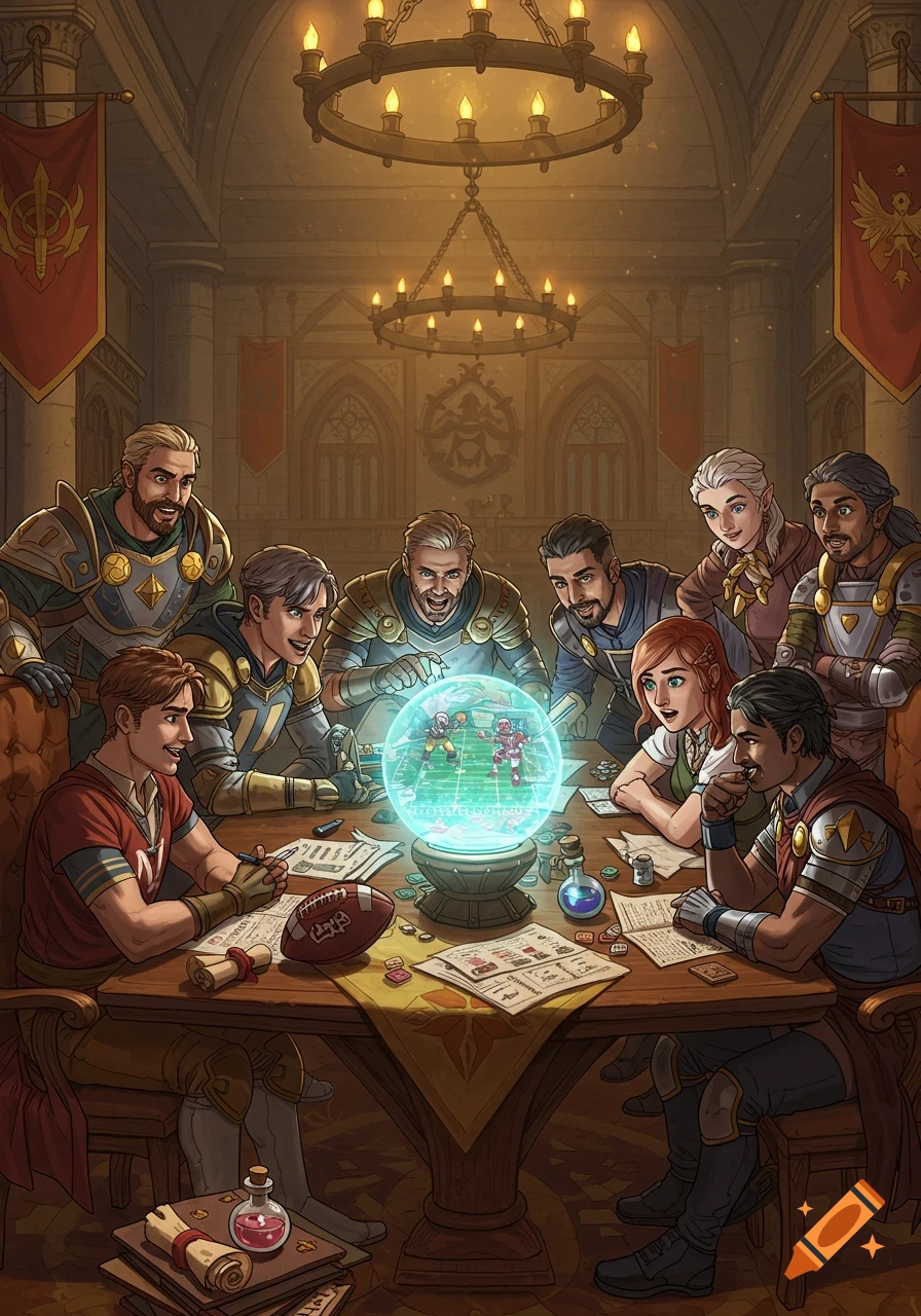 A group of diverse fantasy characters, some in armor, gathered around a wooden table, intently watching a miniature football game displayed in a glowing magical orb. A football and papers are on the table.