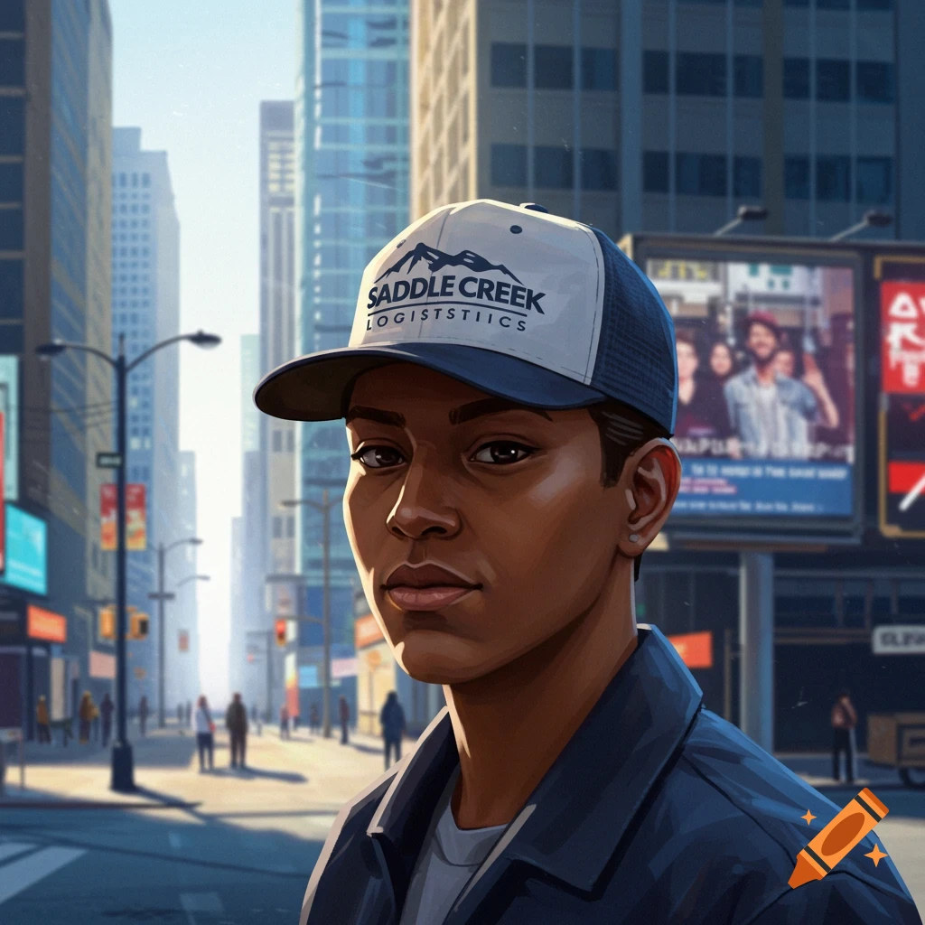 Stylized portrait of a person wearing a 'Saddle Creek Logiststiics' cap in a city street with tall buildings.